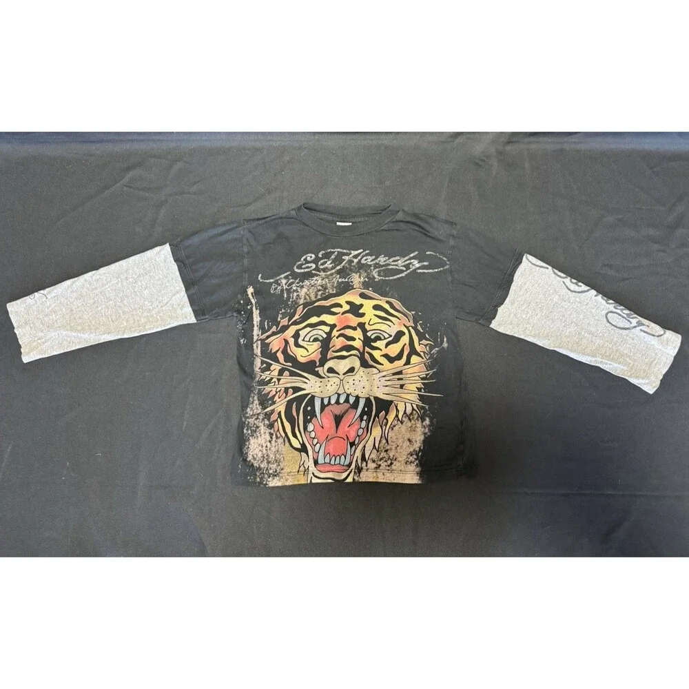 Y2K Ed Hardy Christian Audigier Tiger Graphic Long Sleeve Hollywood Youth Small
